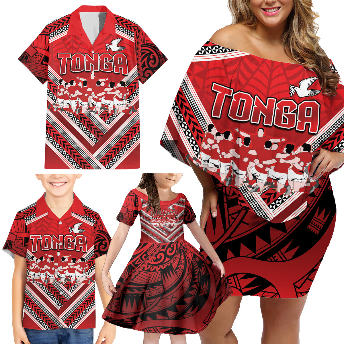 Custom Tonga Rugby Family Matching Off Shoulder Short Dress and Hawaiian Shirt Tonga Sipi Tau Ngatu Tribal Pattern