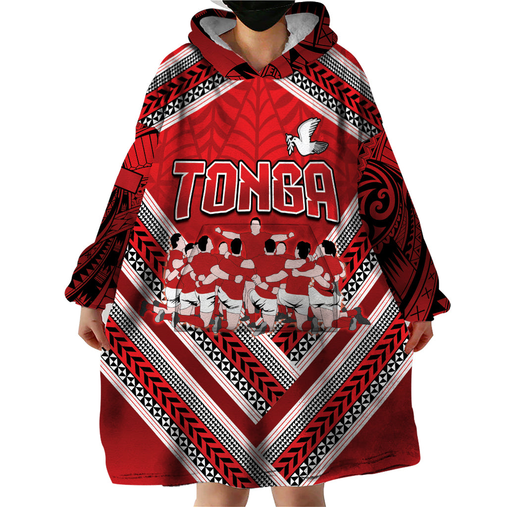 Custom Tonga Rugby Wearable Blanket Hoodie Tonga Sipi Tau Ngatu Tribal Pattern