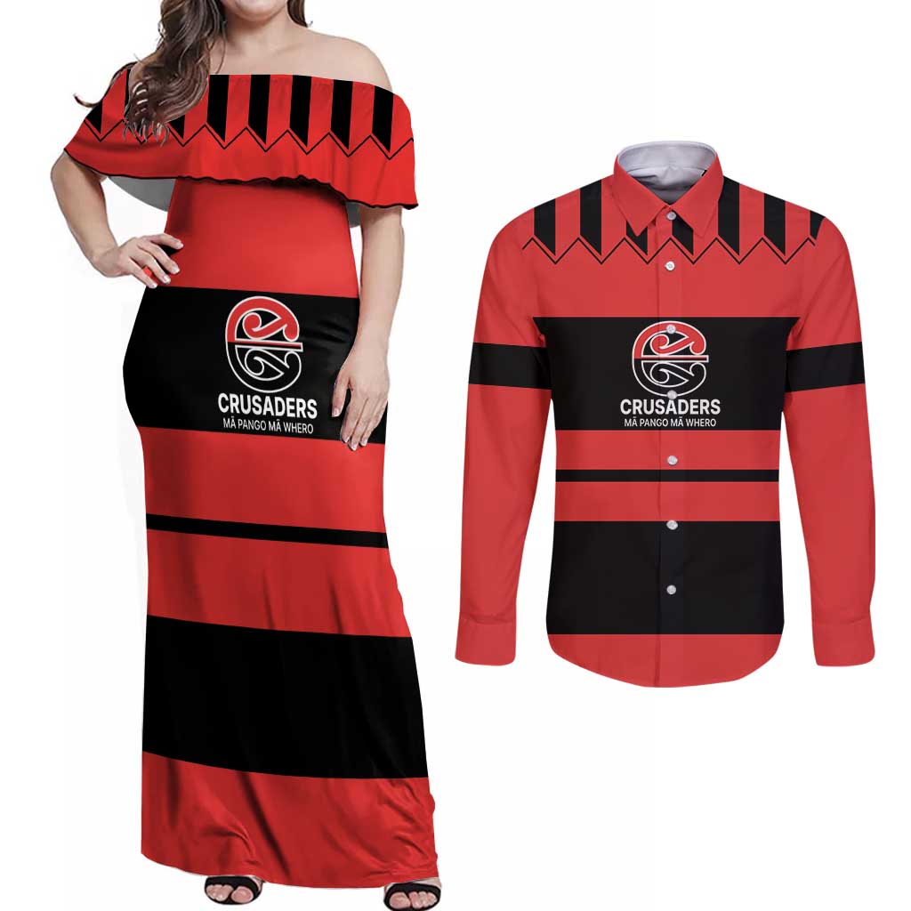 New Zealand Rugby Pacific Custom Couples Matching Off Shoulder Maxi Dress and Long Sleeve Button Shirt Whatumoana Classic Retro 2025 LT9 Red - Polynesian Pride
