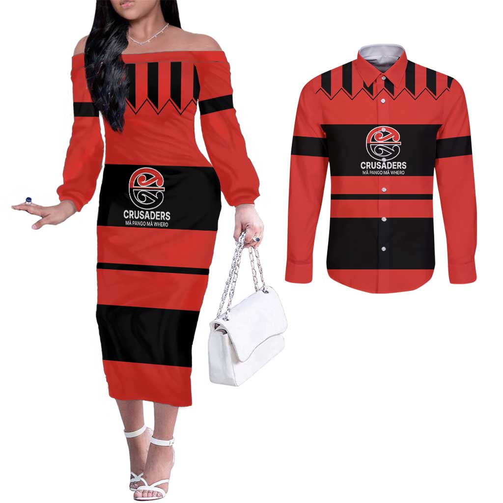 New Zealand Rugby Pacific Custom Couples Matching Off The Shoulder Long Sleeve Dress and Long Sleeve Button Shirt Whatumoana Classic Retro 2025 LT9 Red - Polynesian Pride