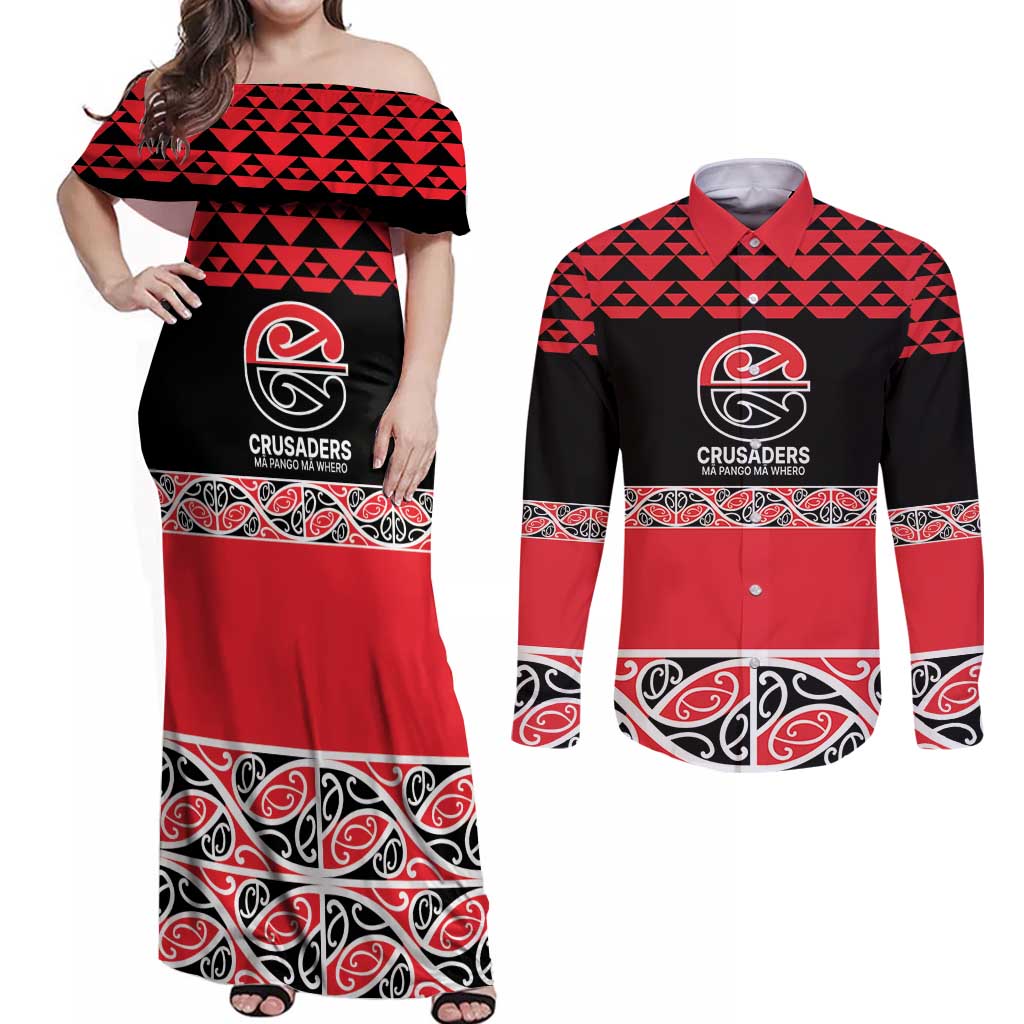 New Zealand Rugby Pacific Custom Couples Matching Off Shoulder Maxi Dress and Long Sleeve Button Shirt Whatumoana Maori Kowhaiwhai Pattern LT9 Blue - Polynesian Pride