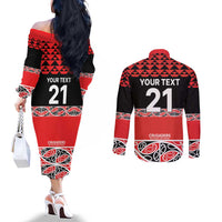New Zealand Rugby Pacific Custom Couples Matching Off The Shoulder Long Sleeve Dress and Long Sleeve Button Shirt Whatumoana Maori Kowhaiwhai Pattern LT9 - Polynesian Pride