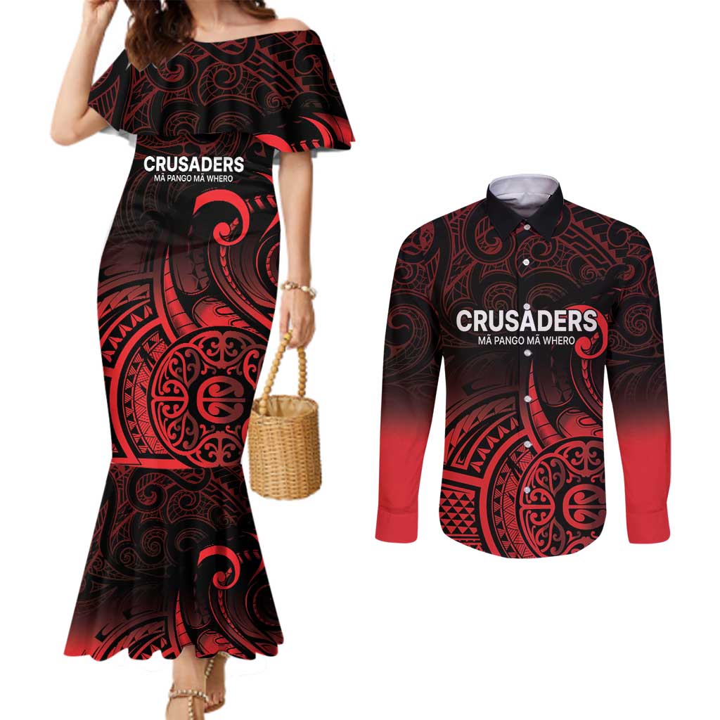 New Zealand Rugby Pacific Custom Couples Matching Mermaid Dress and Long Sleeve Button Shirt Whatumoana Maori Tribal Tattoo LT9 Gold - Polynesian Pride