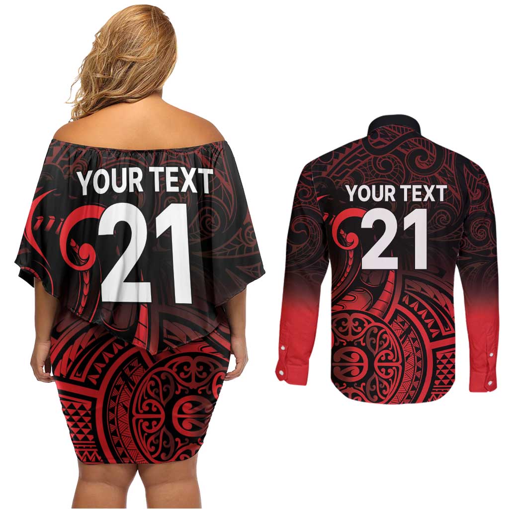 New Zealand Rugby Pacific Custom Couples Matching Off Shoulder Short Dress and Long Sleeve Button Shirt Whatumoana Maori Tribal Tattoo LT9 - Polynesian Pride