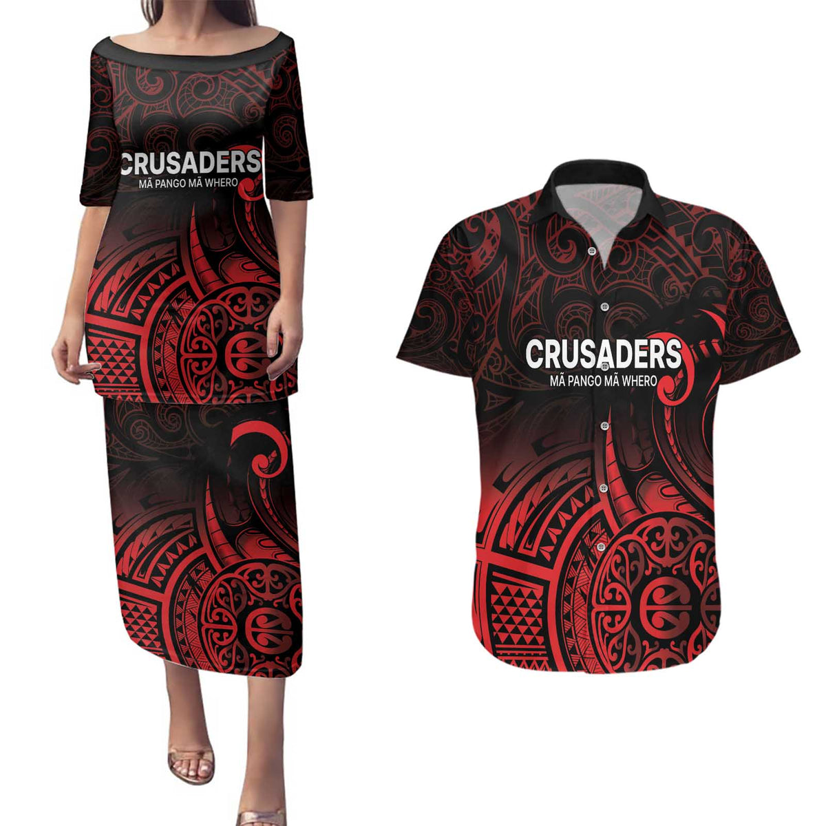 New Zealand Rugby Pacific Custom Couples Matching Puletasi and Hawaiian Shirt Whatumoana Maori Tribal Tattoo LT9 Gold - Polynesian Pride