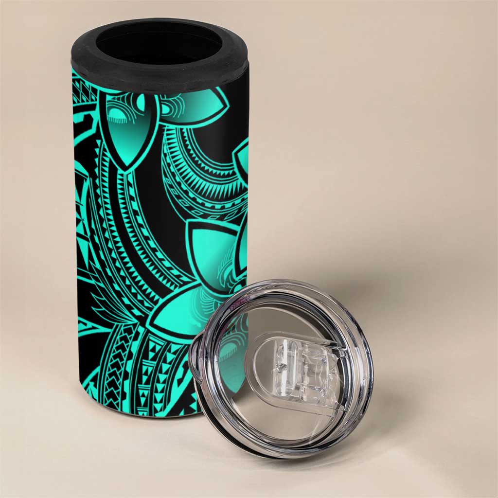 Polynesian Tribal Plumeria Flowers 4 in 1 Can Cooler Tumbler Aqua Vibe