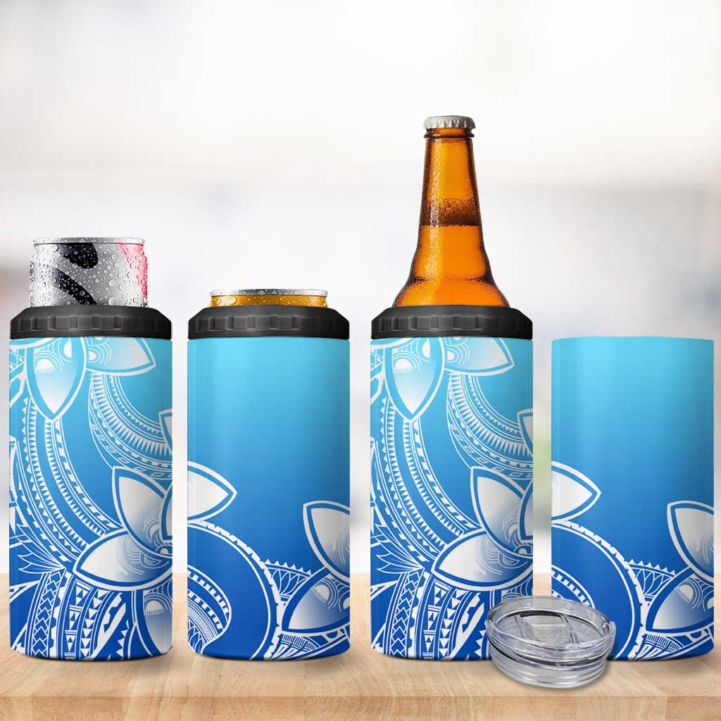 Polynesian Tribal Plumeria Flowers 4 in 1 Can Cooler Tumbler Gradient Blue Vibe