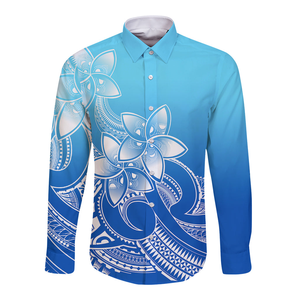 Polynesian Pride Plumeria Flowers Long Sleeve Button Shirt Polynesian Tribal Gradient Blue LT9 Unisex Blue - Polynesian Pride