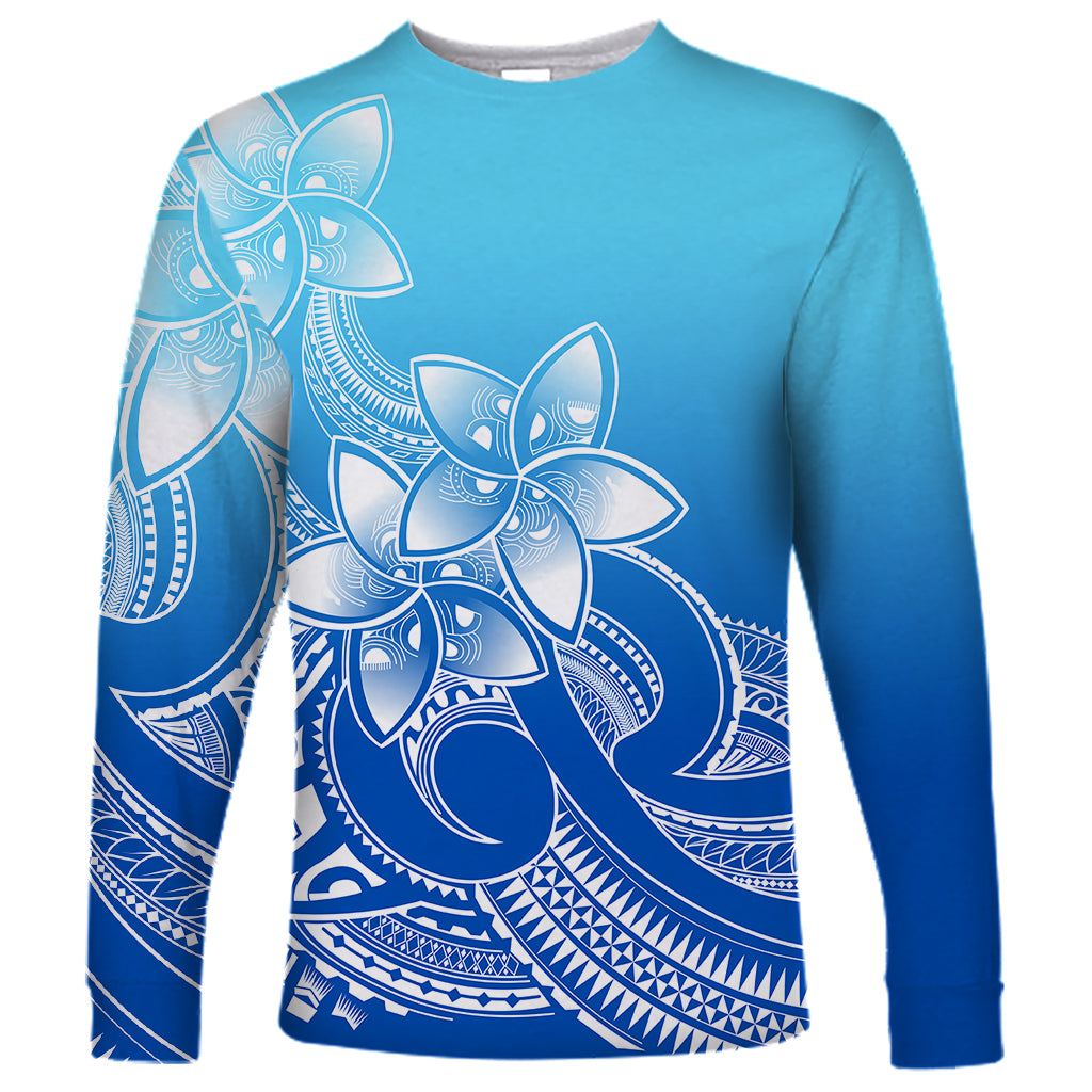 Polynesian Pride Plumeria Flowers Long Sleeve Shirt Polynesian Tribal Gradient Blue LT9 Unisex Blue - Polynesian Pride