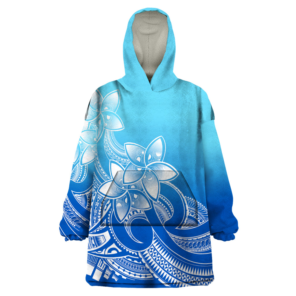 Polynesian Pride Plumeria Flowers Wearable Blanket Hoodie Polynesian Tribal Gradient Blue LT9 One Size Blue - Polynesian Pride