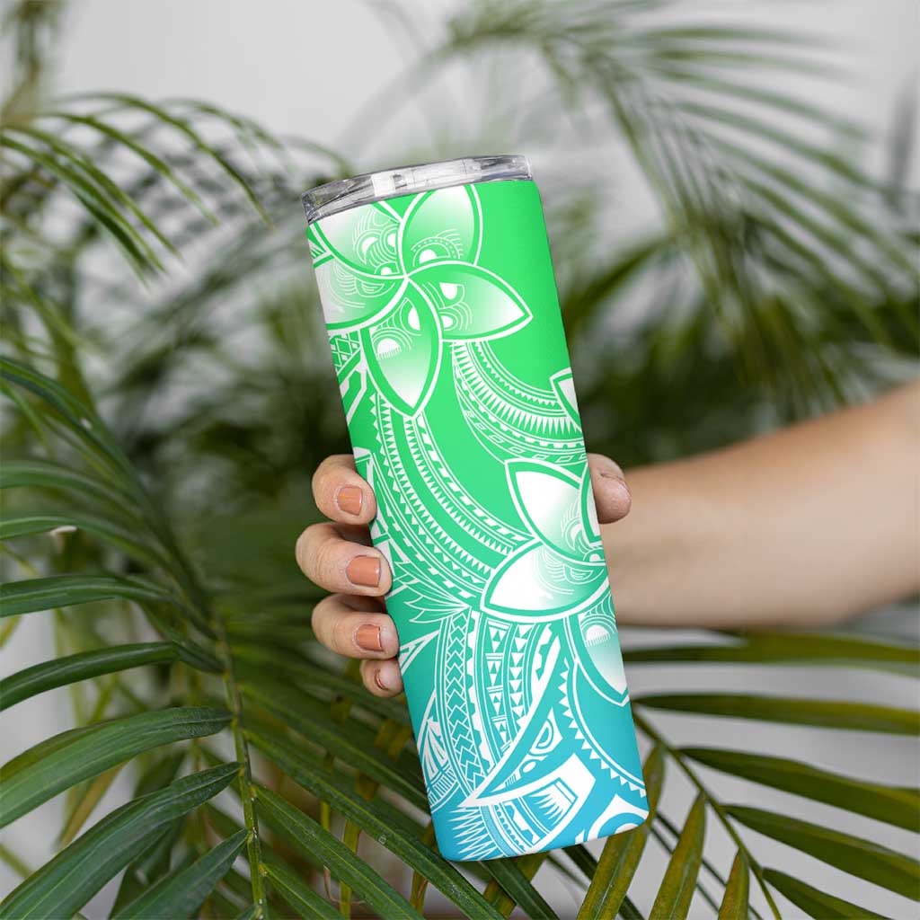 Polynesian Tribal Plumeria Flowers Skinny Tumbler Gradient Green Vibe