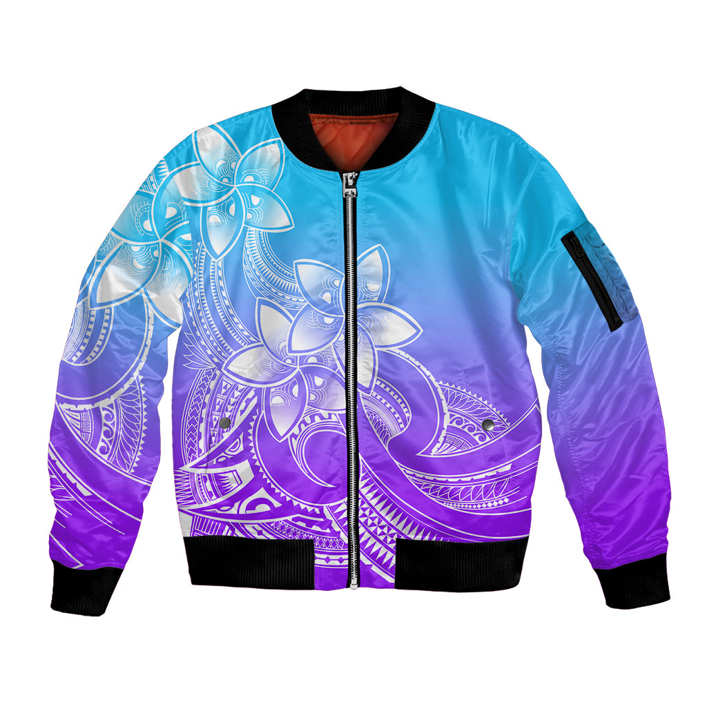 Polynesian Pride Plumeria Flowers Sleeve Zip Bomber Jacket Polynesian Tribal Gradient Purple LT9 Unisex Purple - Polynesian Pride