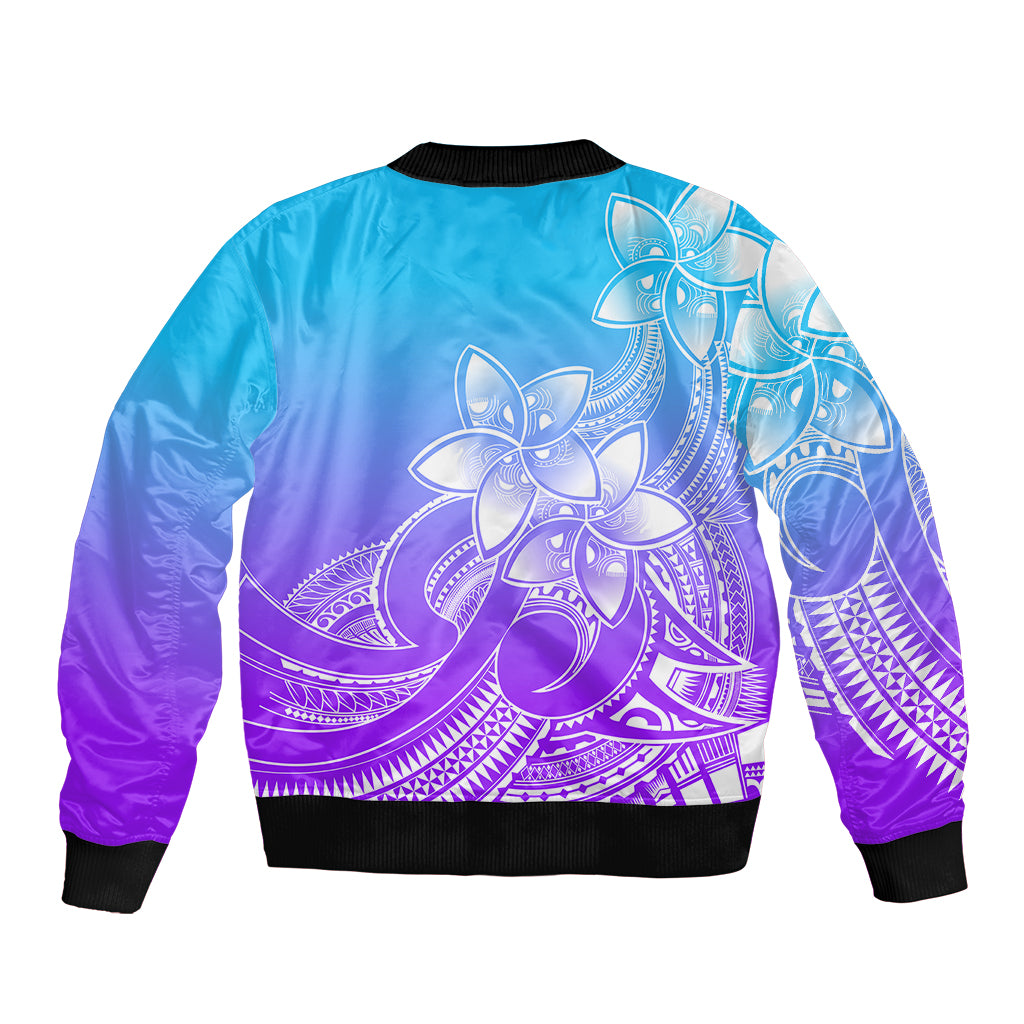 Polynesian Pride Plumeria Flowers Sleeve Zip Bomber Jacket Polynesian Tribal Gradient Purple LT9 - Polynesian Pride