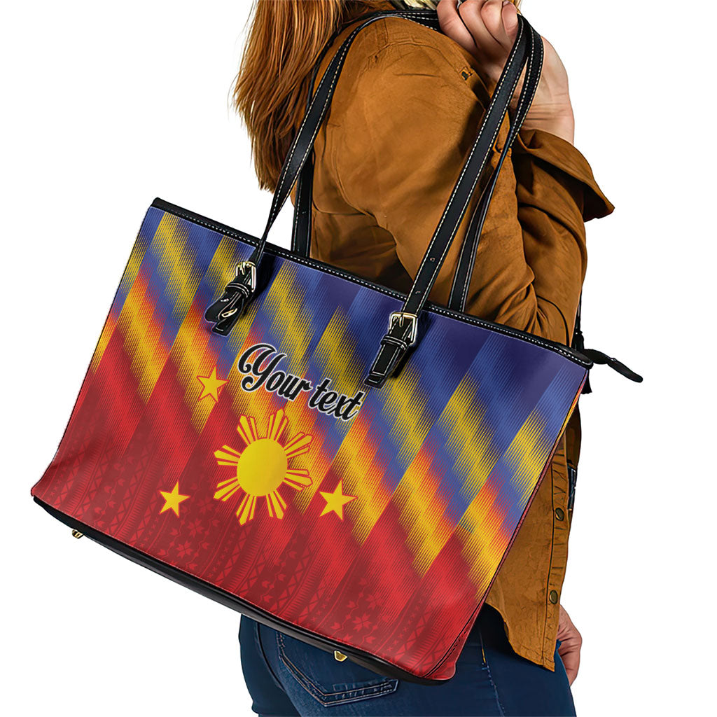 Personalized Philippines Eight Rays Sun Leather Tote Bag Traditional Filipino Igorot Pattern Motif