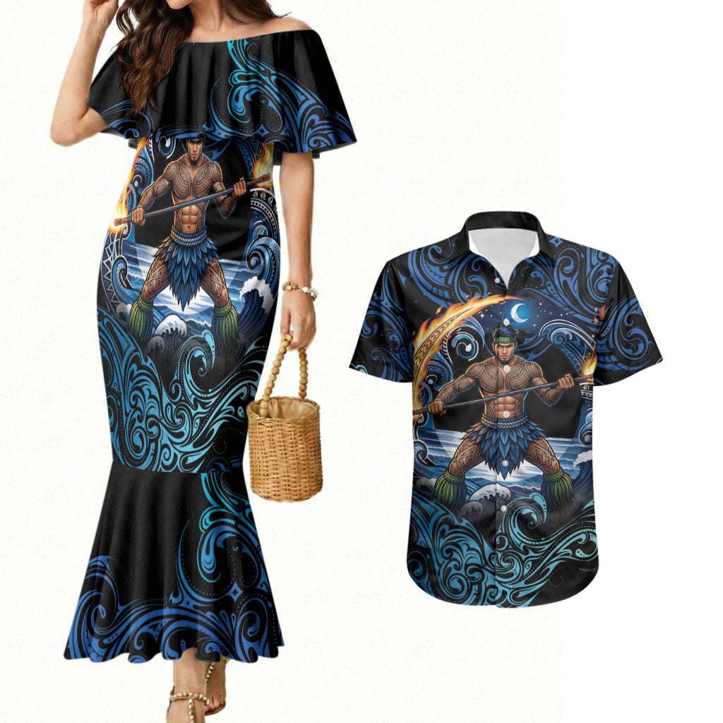 Samoa Siva Afi Couples Matching Mermaid Dress and Hawaiian Shirt Fireknife Fire Dance Pacific Tribal Motif