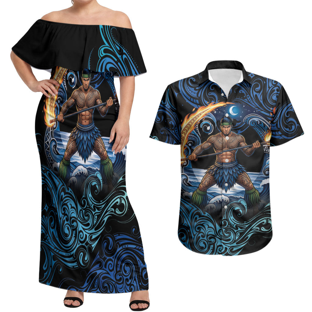 Samoa Siva Afi Couples Matching Off Shoulder Maxi Dress and Hawaiian Shirt Fireknife Fire Dance Pacific Tribal Motif