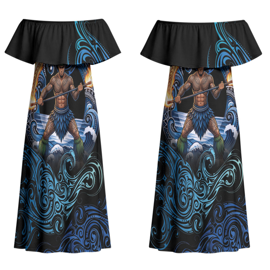 Samoa Siva Afi Couples Matching Off Shoulder Maxi Dress and Long Sleeve Button Shirt Fireknife Fire Dance Pacific Tribal Motif
