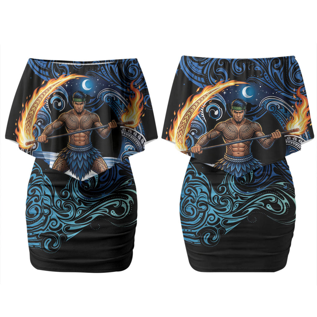 Samoa Siva Afi Couples Matching Off Shoulder Short Dress and Long Sleeve Button Shirt Fireknife Fire Dance Pacific Tribal Motif