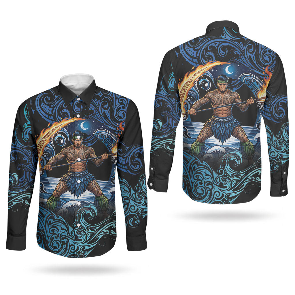 Samoa Siva Afi Couples Matching Off The Shoulder Long Sleeve Dress and Long Sleeve Button Shirt Fireknife Fire Dance Pacific Tribal Motif
