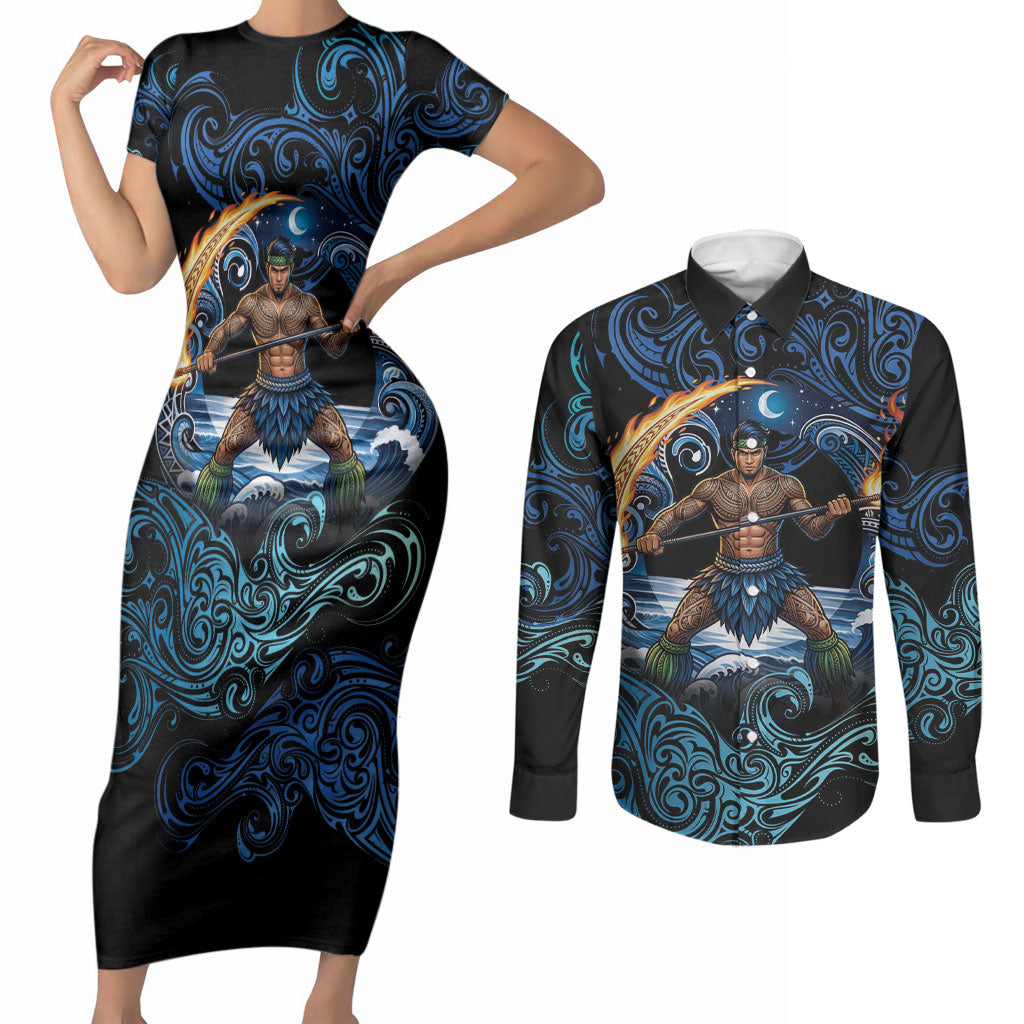 Samoa Siva Afi Couples Matching Short Sleeve Bodycon Dress and Long Sleeve Button Shirt Fireknife Fire Dance Pacific Tribal Motif