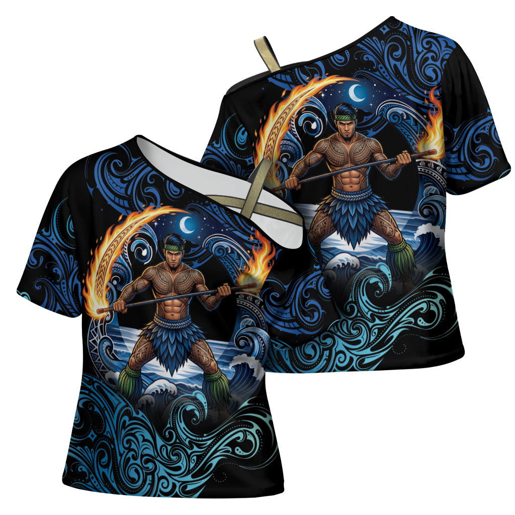 Samoa Siva Afi Cross Shoulder Shirt Fireknife Fire Dance Pacific Tribal Motif