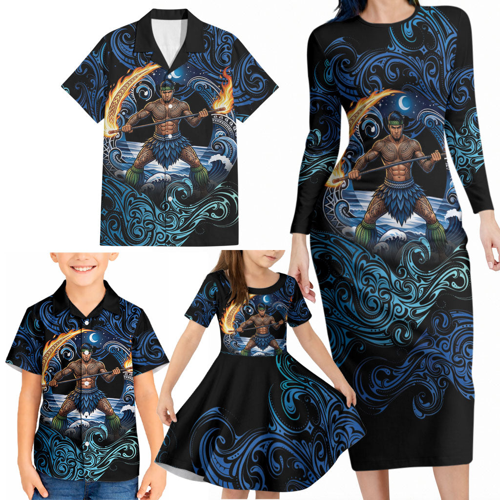 Samoa Siva Afi Family Matching Long Sleeve Bodycon Dress and Hawaiian Shirt Fireknife Fire Dance Pacific Tribal Motif