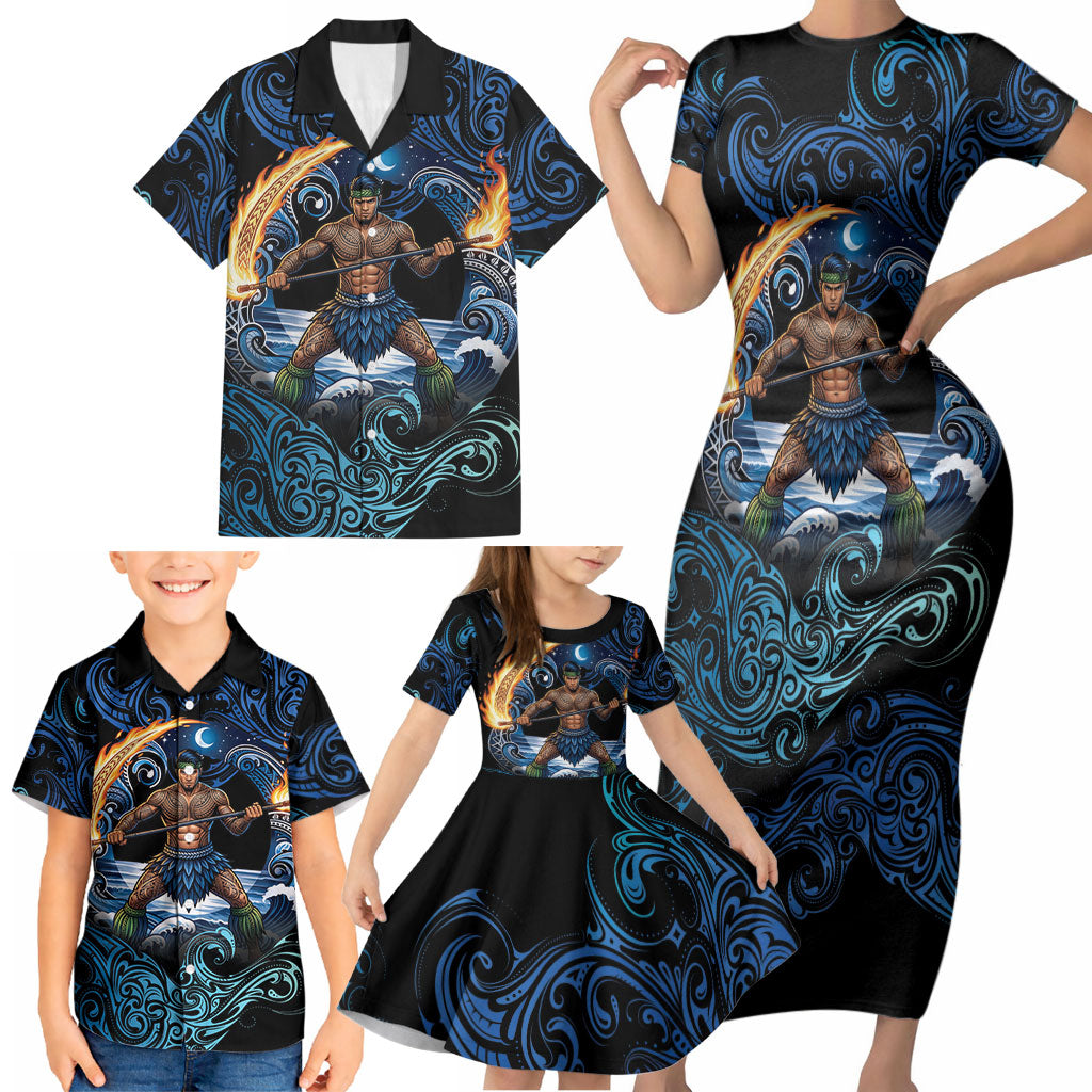 Samoa Siva Afi Family Matching Short Sleeve Bodycon Dress and Hawaiian Shirt Fireknife Fire Dance Pacific Tribal Motif