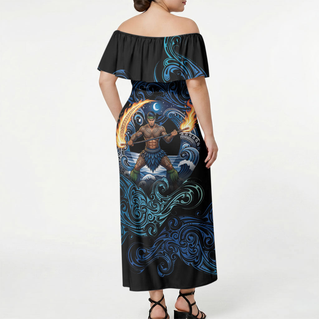 Samoa Siva Afi Off Shoulder Maxi Dress Fireknife Fire Dance Pacific Tribal Motif