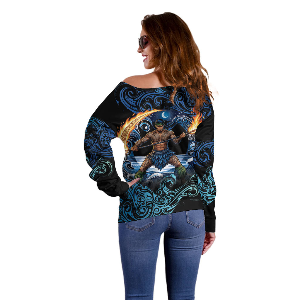 Samoa Siva Afi Off Shoulder Sweater Fireknife Fire Dance Pacific Tribal Motif