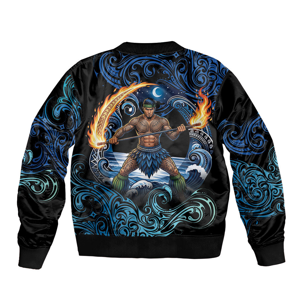 Samoa Siva Afi Sleeve Zip Bomber Jacket Fireknife Fire Dance Pacific Tribal Motif