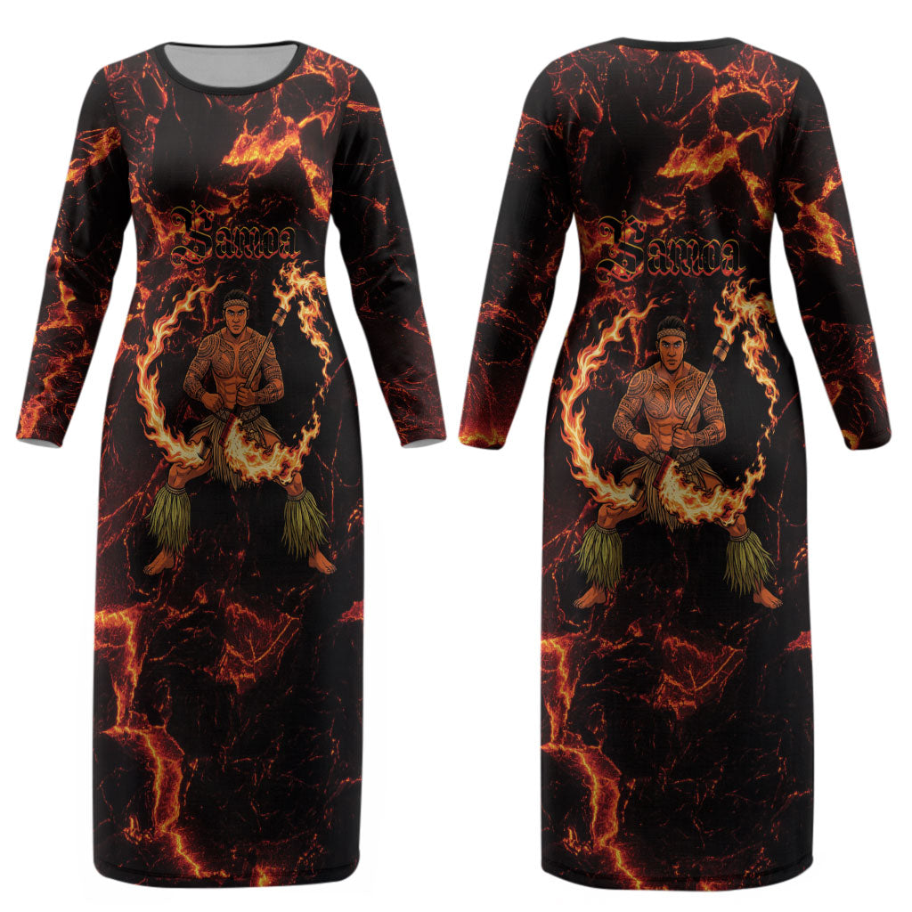 Samoa Siva Afi Dance Fireknife Couples Matching Long Sleeve Bodycon Dress and Long Sleeve Button Shirt Polynesian Heritage Fire Dance