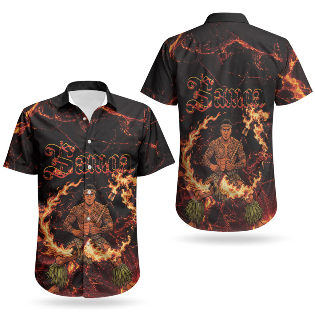 Samoa Siva Afi Dance Fireknife Couples Matching Off Shoulder Short Dress and Hawaiian Shirt Polynesian Heritage Fire Dance