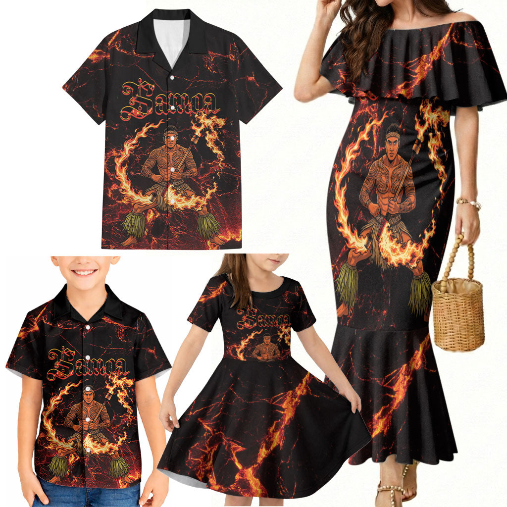 Samoa Siva Afi Dance Fireknife Family Matching Mermaid Dress and Hawaiian Shirt Polynesian Heritage Fire Dance
