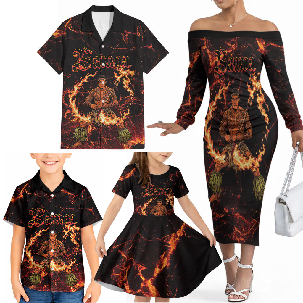 Samoa Siva Afi Dance Fireknife Family Matching Off The Shoulder Long Sleeve Dress and Hawaiian Shirt Polynesian Heritage Fire Dance