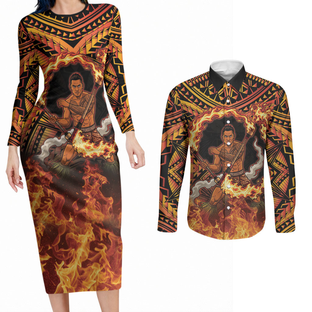 Samoa Siva Afi Dance Fireknife Couples Matching Long Sleeve Bodycon Dress and Long Sleeve Button Shirt Samoan Tribal Motif Dancing in the Fire