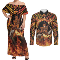 Samoa Siva Afi Dance Fireknife Couples Matching Off Shoulder Maxi Dress and Long Sleeve Button Shirt Samoan Tribal Motif Dancing in the Fire