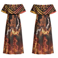 Samoa Siva Afi Dance Fireknife Couples Matching Off Shoulder Maxi Dress and Long Sleeve Button Shirt Samoan Tribal Motif Dancing in the Fire