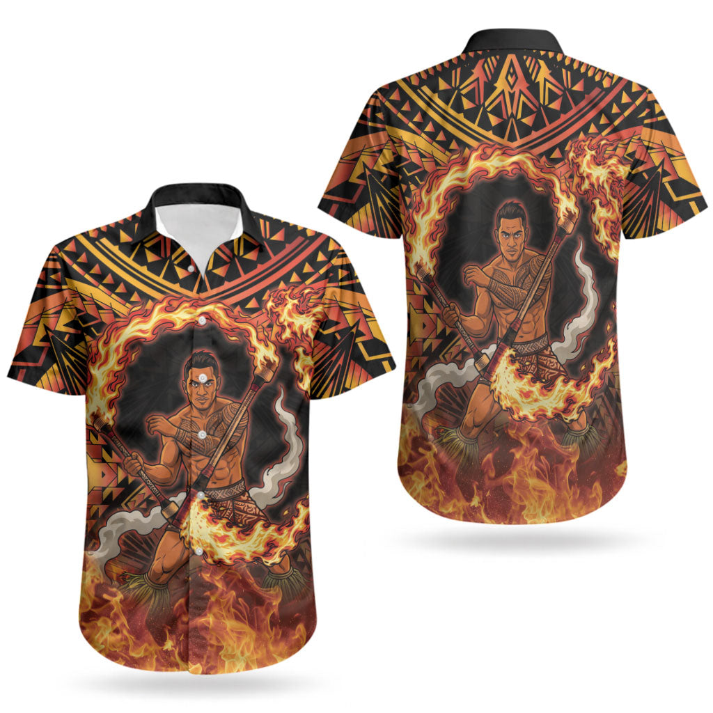 Samoa Siva Afi Dance Fireknife Couples Matching Off Shoulder Short Dress and Hawaiian Shirt Samoan Tribal Motif Dancing in the Fire