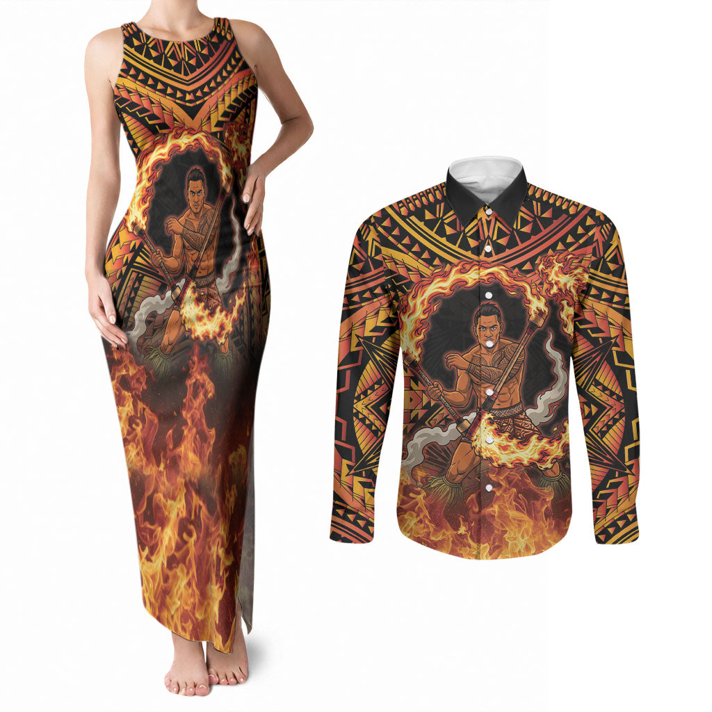 Samoa Siva Afi Dance Fireknife Couples Matching Tank Maxi Dress and Long Sleeve Button Shirt Samoan Tribal Motif Dancing in the Fire