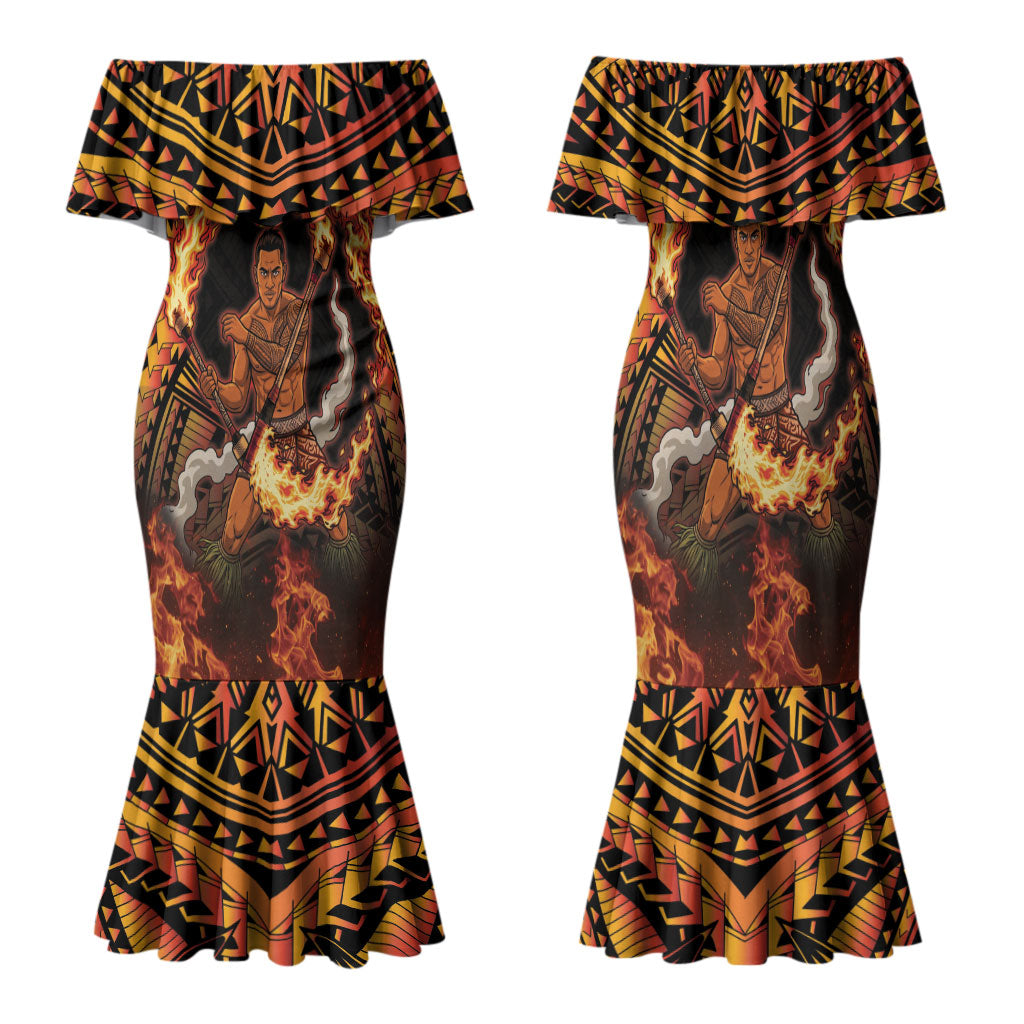 Samoa Siva Afi Dance Fireknife Family Matching Mermaid Dress and Hawaiian Shirt Samoan Tribal Motif Dancing in the Fire