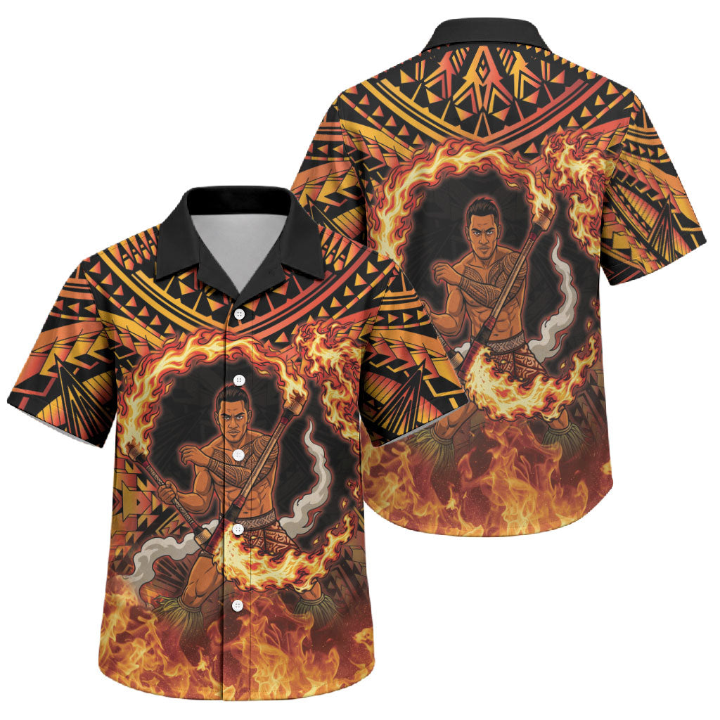 Samoa Siva Afi Dance Fireknife Family Matching Off Shoulder Short Dress and Hawaiian Shirt Samoan Tribal Motif Dancing in the Fire