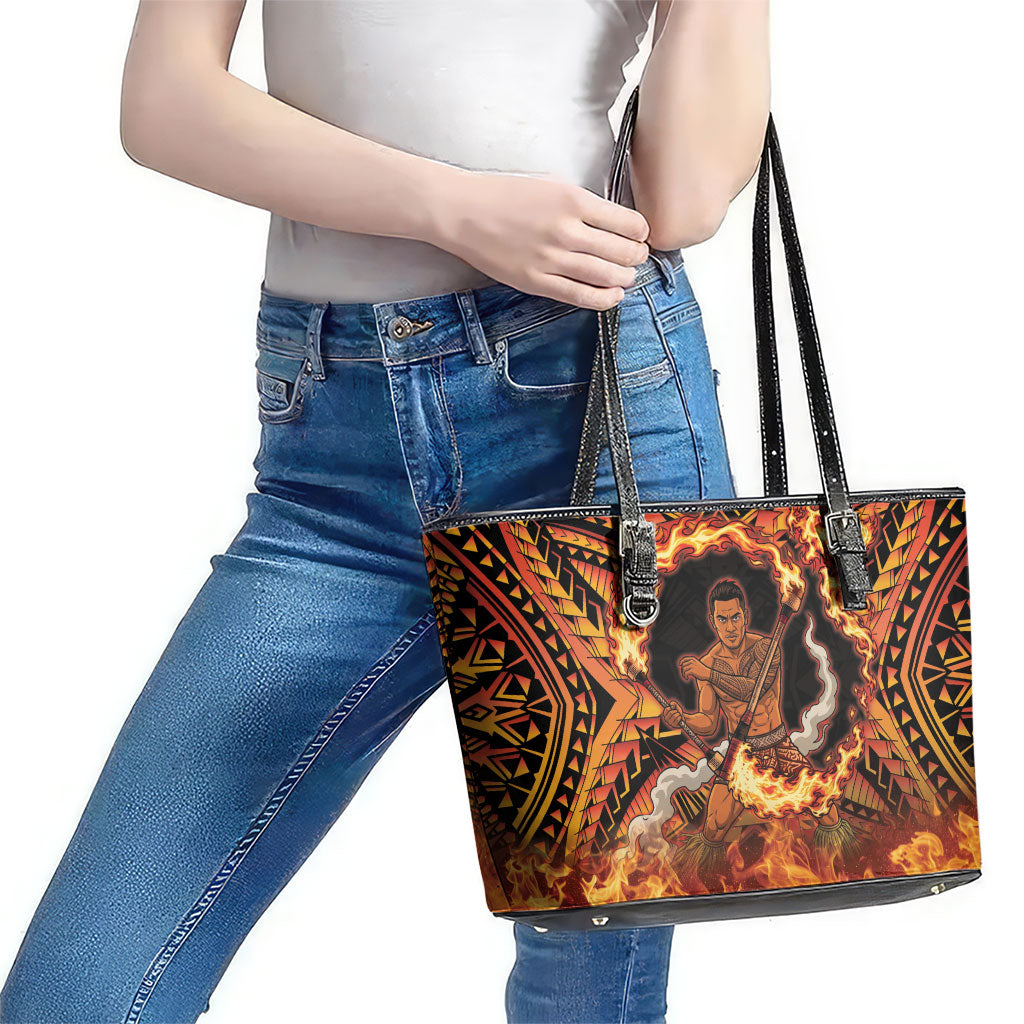 Samoa Siva Afi Dance Fireknife Leather Tote Bag Samoan Tribal Motif Dancing in the Fire