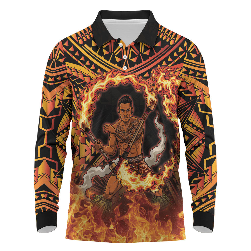 Samoa Siva Afi Dance Fireknife Long Sleeve Polo Shirt Samoan Tribal Motif Dancing in the Fire