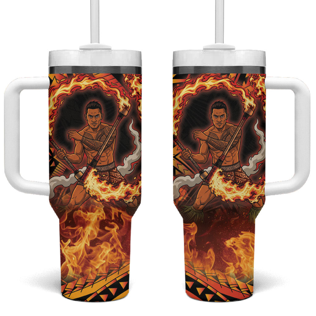 Samoa Siva Afi Dance Fireknife Tumbler With Handle Samoan Tribal Motif Dancing in the Fire