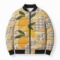 Maku'e Hawaiian Mango Palaka Bomber Puffer Jacket Aloha Hibiscus Pikake Lei