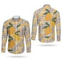 Maku'e Hawaiian Mango Palaka Couples Matching Off Shoulder Short Dress and Long Sleeve Button Shirt Aloha Hibiscus Pikake Lei