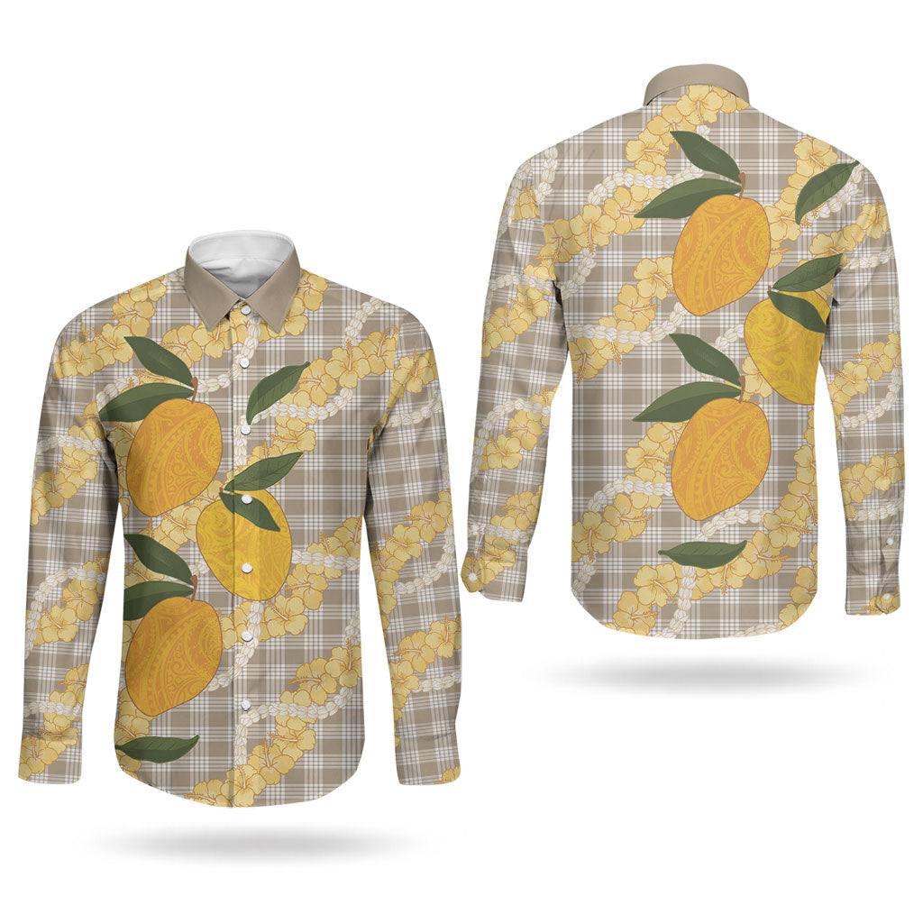 Maku'e Hawaiian Mango Palaka Couples Matching Off The Shoulder Long Sleeve Dress and Long Sleeve Button Shirt Aloha Hibiscus Pikake Lei