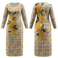 Maku'e Hawaiian Mango Palaka Family Matching Long Sleeve Bodycon Dress and Hawaiian Shirt Aloha Hibiscus Pikake Lei