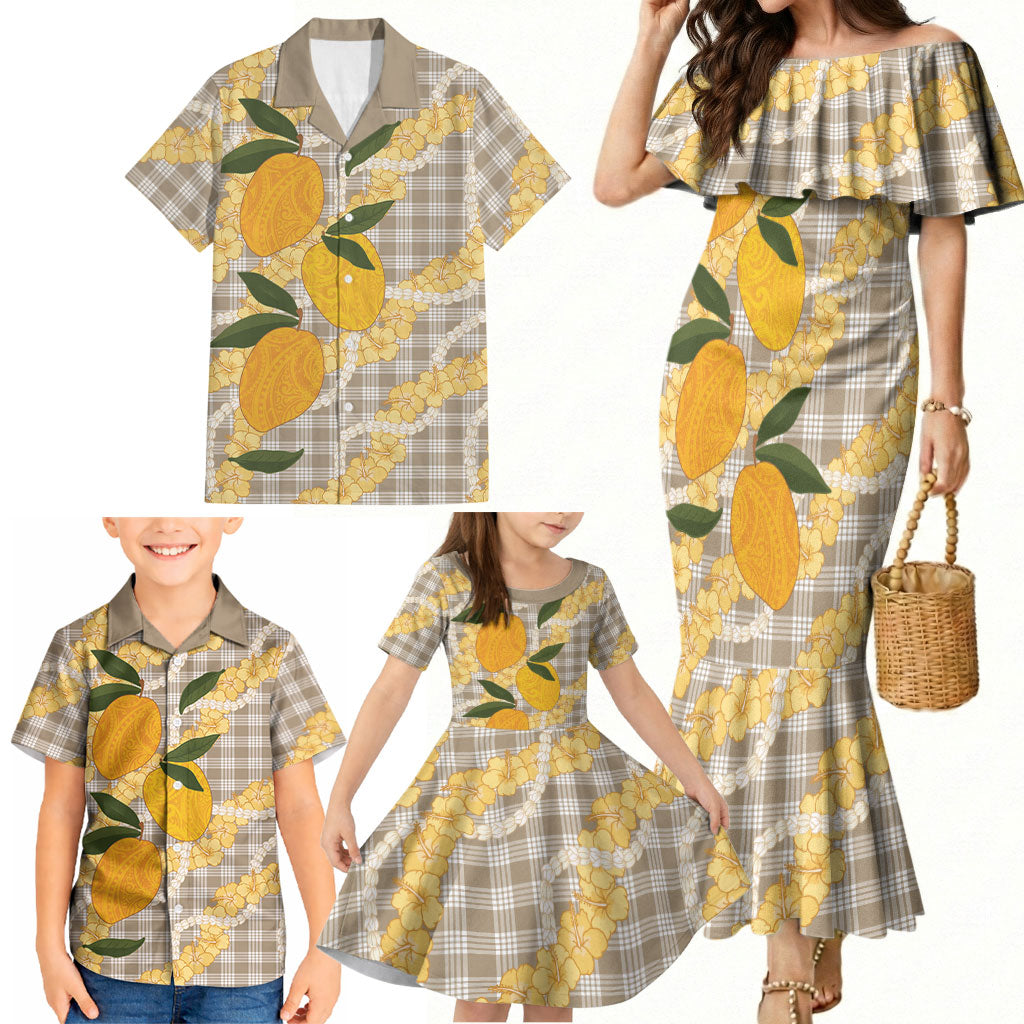 Maku'e Hawaiian Mango Palaka Family Matching Mermaid Dress and Hawaiian Shirt Aloha Hibiscus Pikake Lei