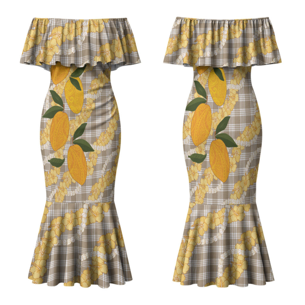 Maku'e Hawaiian Mango Palaka Family Matching Mermaid Dress and Hawaiian Shirt Aloha Hibiscus Pikake Lei